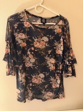 bobeau Navy Floral Ruffle Sleeve Mesh Blouse